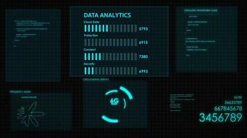 gráfico de hud de la pantalla. interfaz de usuario futurista resplandor gui texto digital y número de elemento aleatorio para el concepto de tecnología cibernética. enfoque gráfico y gráficos profundidad de campo oscuro y granulado procesado. foto