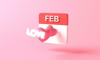 3d rendering of minimal pink heart and love light neon on calendar icon background. heart icon, like and love 3d render illustration. Happy valentine day template. symbol lover. photo