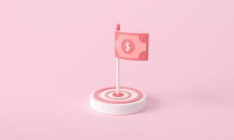 3d rendering of money banknotes flag on target dollar.  business financial arrow marketing Financial goal concept. Coin target flag top. steps or stairs on top money coin. Flag in the middle of target photo