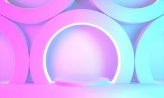 blue pink violet neon abstract background, studio modern ultraviolet light, room pastel interior, Glowing fashion podium, performance stage decorations, Stage for circle of light. 3d rendering, photo