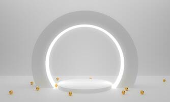 Modern minimal scene with geometrical circle. Cylinder circle neon on podiums in white background. Scene stand to show cosmetic product, Showcase, shopfront, display. 3d rendering spheres ball golden photo