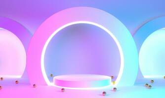Product Stand blue pink violet neon abstract background, studio modern ultraviolet light, room pastel interior, Glowing podium, performance stage decorations, Stage for circle of light. 3d rendering photo