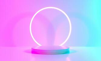 Product Stand blue pink violet neon abstract background, studio modern ultraviolet light, room pastel interior, Glowing podium, performance stage decorations, Stage for circle of light. 3d rendering photo