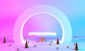 Product Stand blue pink violet neon abstract background, studio modern ultraviolet light, room pastel interior, Glowing podium, performance stage decorations, Stage for circle of light. 3d rendering photo