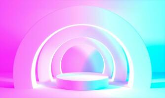 Product Stand blue pink violet neon abstract background, studio modern ultraviolet light, room pastel interior, Glowing podium, performance stage decorations, Stage for circle of light. 3d rendering photo