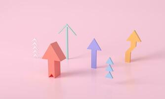 Multiple colorful Arrow growth success 3d rendering, progress way and forward achievement. Abstract Arrows Set Isolated on pink-red Background. 3D Shapes Collection. minimal creative concept photo
