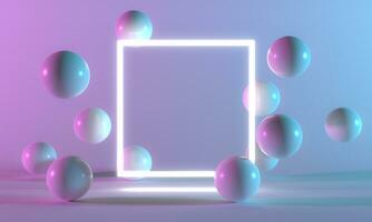 Product Stand blue pink violet neon square abstract background, studio modern ultraviolet light. Ball in room pastel, Glowing podium, performance stage decorations, Stage of sphere light. 3d rendering photo