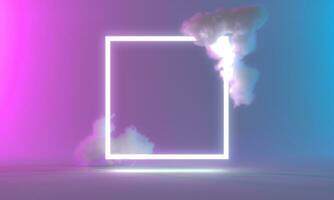 Product Stand blue pink violet neon square abstract background, studio modern ultraviolet light. Cloud in room pastel, Glowing podium, performance stage decorations, Stage of cloud light. 3d rendering photo