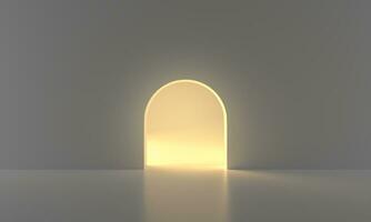 puerta clara en una habitación oscura con brillo amarillo. negocio y libertad, concepto de esperanza e imaginación representación 3d, luz amarilla que atraviesa la puerta abierta sobre fondo negro oscuro. concepto mínimo moderno. foto