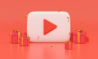 red colored round play button on pastel background. Concept of video icon logo for gift giving day, audio playback. 3d rendering illustration. Play interface symbol. social media and website posts photo
