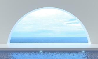 Sea view beside terrace and beds in modern luxury, swimming on sea view at vacation. 3d rendering illustration of tourist resort. Holiday in summer season  fantasy and reality into dreamlike spaces. photo