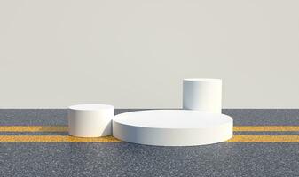 scene product background stage or podium pedestal white on grunge street floor with sunlight blank display platform. 3D rendering. white minimal modern style podium display shelf photo