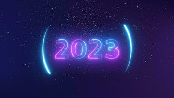 number 2023 neon light bright glowing. 2022 happy New Year dark background with decoration with neon number on Purple and blue Beautiful Gold Glitter Floating background. winter holiday template. photo