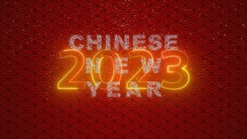 Countdown Happy Chinese New Year, Lunar New Year or Spring Festival text neon and firework 2023 with Oriental ornamental elements and Zodiac sign the Rabbit. Chinese translation Happy new year photo