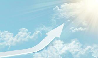 3d rendering of white rising arrow for business planning new strategy. growing business target concept idea. growth success. Arrows towards light on cloud blue Background. progress way achievement photo