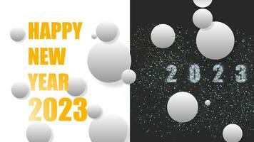 2023 of template white sphere background. Firework 2023 happy New Year dark night sky background with decoration white sphere on black and white on cover.  winter season and Happy new Year. intro photo