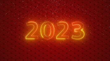 Countdown Happy Chinese New Year, Lunar New Year or Spring Festival text neon and firework 2023 with Oriental ornamental elements and Zodiac sign the Rabbit. Chinese translation Happy new year photo