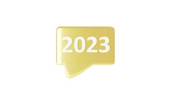 Chat dorado mínimo 3d 2023 sobre fondo blanco aislado. concepto de mensajes de redes sociales. ilustración de representación 3d Signo de cuadros de chat en blanco mínimo. chatear para icono de texto en pastel. feliz año nuevo 2023 foto