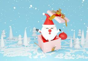 Merry Christmas and Happy New Year snow season. 3d render gifts boxes. Open gift box full with Santa Claus inside. Holiday banner, web poster, flyer, stylish brochure, greeting card, Xmas background photo