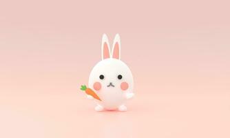 3d rendering illustration of cute rabbit holding carrot decorations. Animal characters isolated on pastel background.  bunny holding carrot minimal . cartoon icons Funny. cute animal symbol of 2023. photo