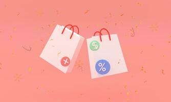 3D Paper bags on pink background. Online shopping concept. 3d render illustration. paper bag on sale shopping concept idea minimal pastel photo