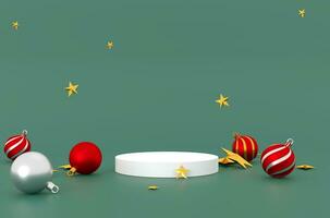 3D rendering  product display stands or stage, with ball and stars model on pastel green background. Luxury Christmas sale presentation scene. happy new year scene for product display presentation photo