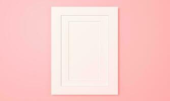 blanco marco 3d representación. ilustración moderno imagen marco concepto, vacío blanco frontera imagen marco espacio para tu texto en rosado fondo, Bosquejo póster marco en pared mínimo. pastel rosado color foto