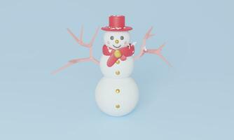 Christmas pastel Scene With Snowman Cute characters. 3d Rendering illustration. snow winter season in holiday festival photo