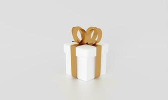 3D render image illustration of White gift box golden ribbon for celebration on special day. Happy Holiday decoration surprise card. Concept give packing Love idea. Wedding modern luxury on white photo