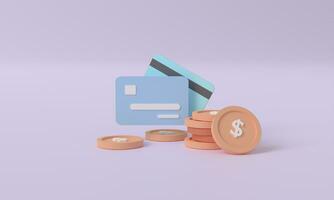 digital ahorros 3d representación de crédito tarjeta con monedas en pastel púrpura antecedentes ilustrando el concepto de un sin efectivo sociedad y dinero ahorro foto