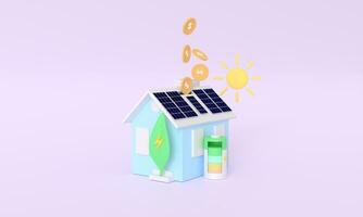 3d rendering Solar panel house , plant and battery money saving electricity bill concept minimal pastel general home . illustration isolated on pink background photo