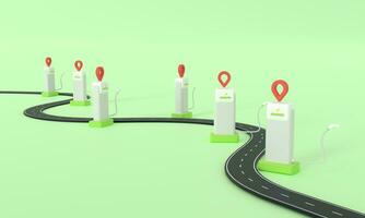 EV Electric Car stop on way road at Charging Station Location map pin Ecology refill Clean Power Battery ecology zero emission Concept isolated green background 3d rendering photo