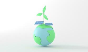 3d Globe tree and solar cell windmill. Earth Day Save World Environment icon concept. icon isolated on white background. 3d rendering illustration. Clipping path isolated photo