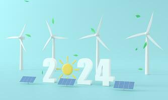 3d rendering Solar panel and wind turbine on the green earth.Clean energy and eco friendly background. ecology and environment concept.Happy new year 2024 concept png illustration. photo