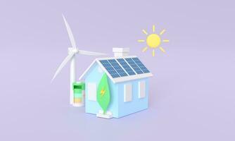 3d rendering Solar panel house , plant and battery electricity concept minimal pastel general home . wind turbine power plant with generate the electric . earth day World environment day Eco friendly photo