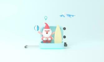 3D rendering Santa Claus on suitcase travel.magic of Summer Christmas and book a plane ticket concept. Celebrate season with festive pastel decor and embark on an imaginative journey of creativity. photo