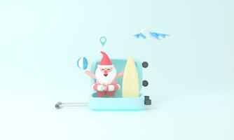 3D rendering Santa Claus on suitcase travel.magic of Summer Christmas and book a plane ticket concept. Celebrate season with festive pastel decor and embark on an imaginative journey of creativity. photo