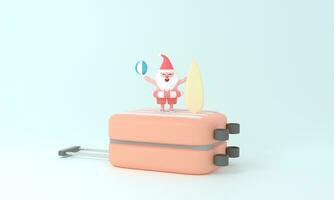 whimsical journey as 3D rendering Santa Claus adorns a travel-themed suitcase in a pastel Summer Christmas scene. Craft unique decor that marries festive cheer with creativity a captivating holiday photo