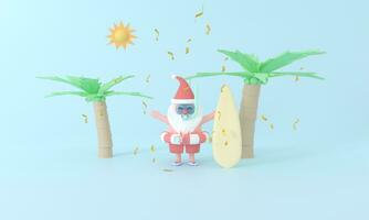 Experience a delightful 3D rendering Santa Claus in a diving suit, capturing the pastel magic of holiday surf travel with a view of coconut trees, sunlight, and beach. Embrace the joy of summer photo