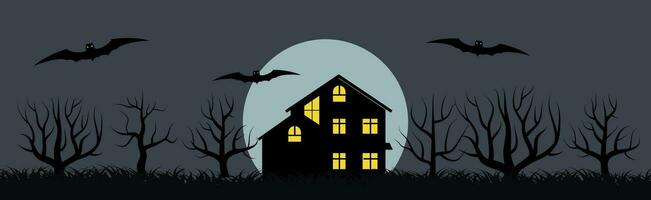 Happy Halloween festive banner with a lonely house and bats on a background of the full moon at night. Vector illustration.