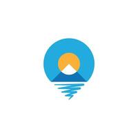 logo combination of pin location symbol with mountain silhouette with sun. vector