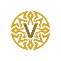 elegant emblem badge initial letter V ethnic ancient pattern circle logo vector