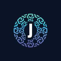 modern and bold initial letter J alphabet technology connection circle emblem logo vector