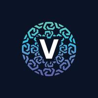 modern and bold initial letter V alphabet technology connection circle emblem logo vector