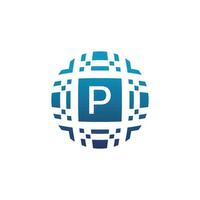 Initial letter P circle digital tech electronic pixel emblem logo vector