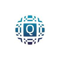 inicial letra q circulo digital tecnología electrónico píxel emblema logo vector