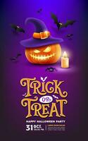 Happy Halloween, trick or treat text, pumpkins wearing a purple hat, candel and spider, bat flying, poster design on purple background, Eps 10 vector illustration