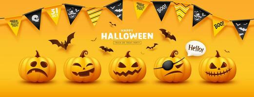 Halloween yellow pumpkins smiling and scary face collections, colorful flag and bat flying, banner design on yellow background vector