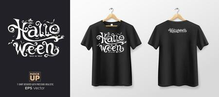 Black t shirt front and back mockup collections, halloween text design template, EPS10 Vector illustration.