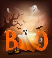 Happy Halloween ghost, boo text message, castle, tree, bat flying, poster flyer design on dark brown background, Eps 10 vector illustration